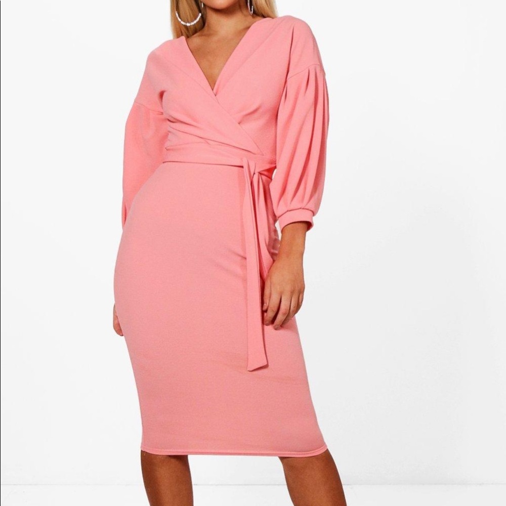 Nina Off The Shoulder Wrap Midi Bodycon Dress